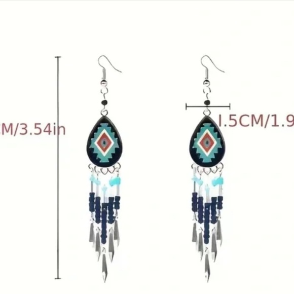 Beaded tassel Tribal Southwestern blue silver tone dangle drop Pierced Earrings - Picture 2 of 2